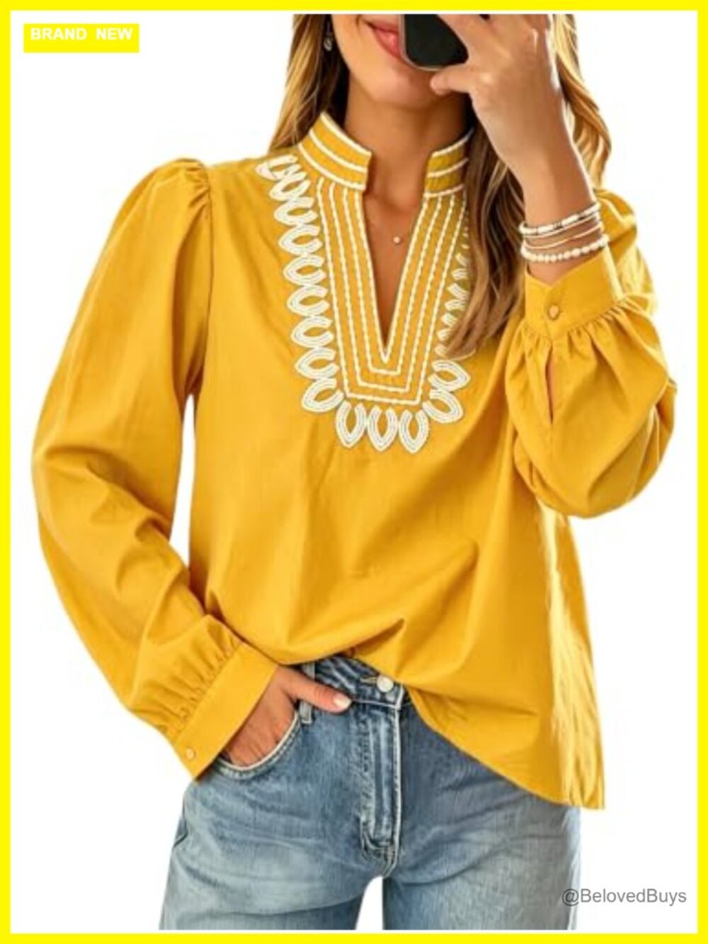 Womens Puff Long Sleeve Embroidered Blouse V-Neck Top